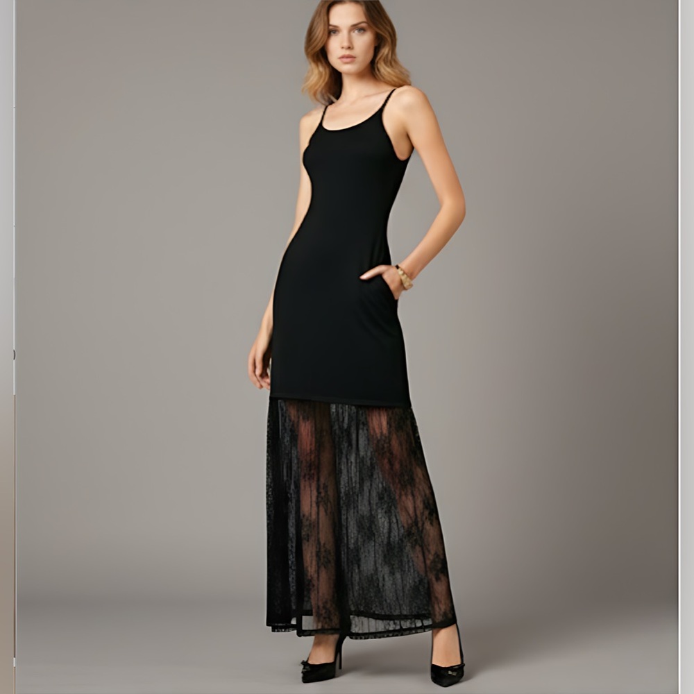 Ribbed Sleeveless Contrast Lace Minimalist Maxi Dress, Black